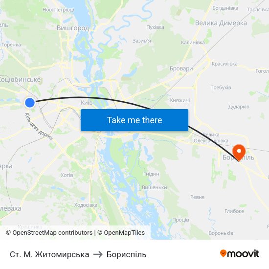 Ст. М. Житомирська to Бориспіль map
