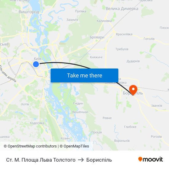 Ст. М. Площа Льва Толстого to Бориспіль map