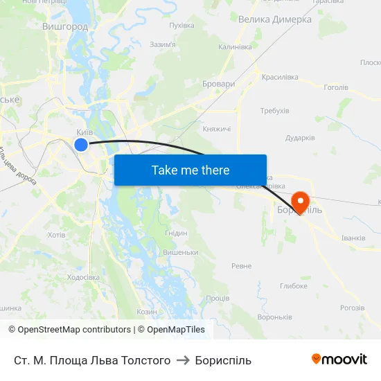 Ст. М. Площа Льва Толстого to Бориспіль map