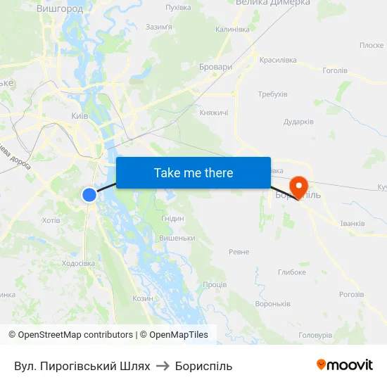 Вул. Пирогівський Шлях to Бориспіль map