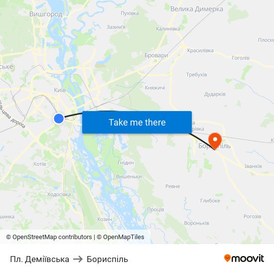Пл. Деміївська to Бориспіль map