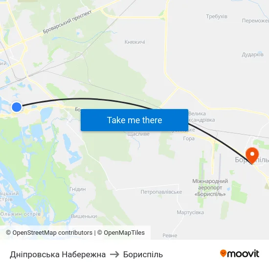 Дніпровська Набережна to Бориспіль map
