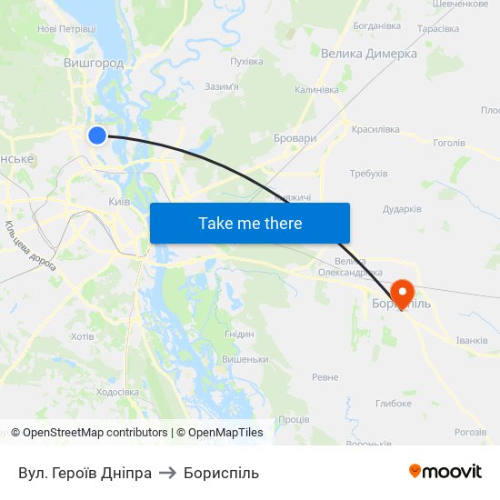 Вул. Героїв Дніпра to Бориспіль map