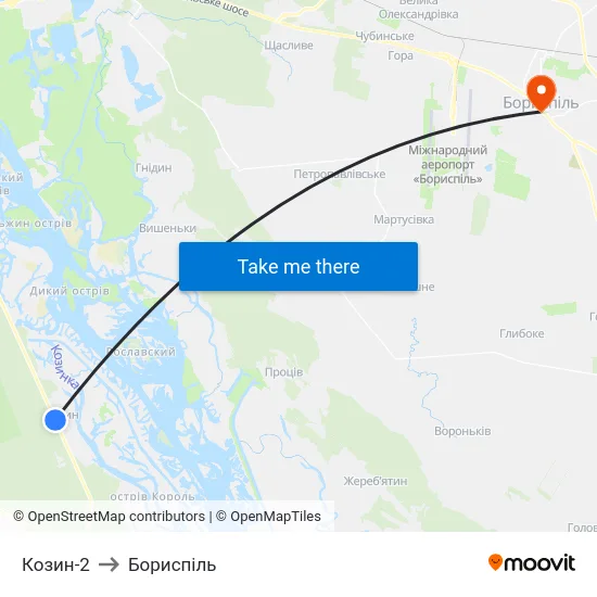 Козин-2 to Бориспіль map