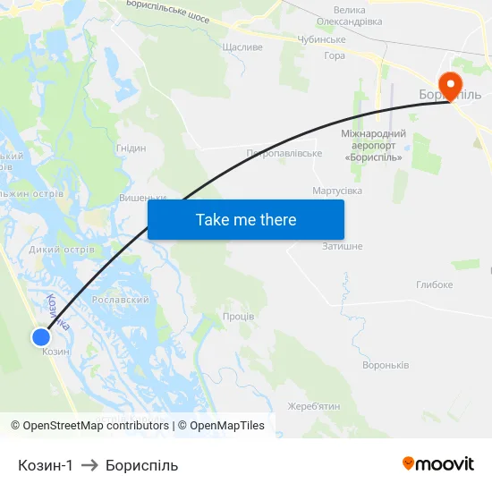 Козин-1 to Бориспіль map