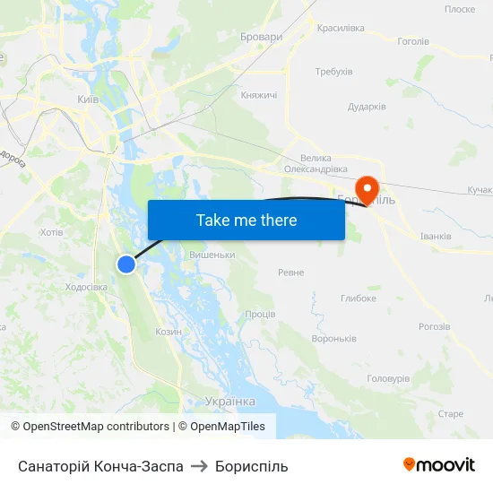 Санаторій Конча-Заспа to Бориспіль map
