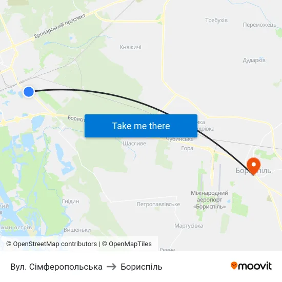 Вул. Сімферопольська to Бориспіль map