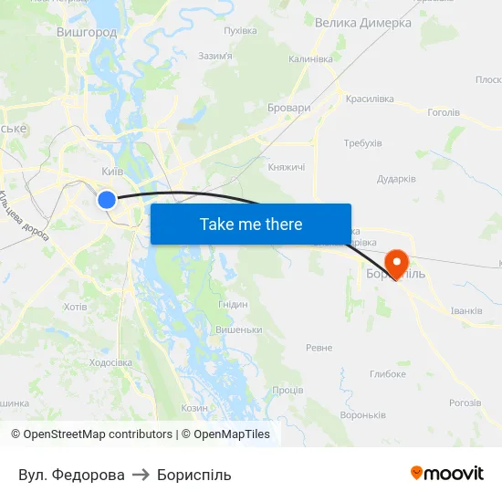 Вул. Федорова to Бориспіль map