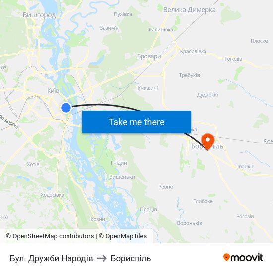 Бул. Дружби Народів to Бориспіль map