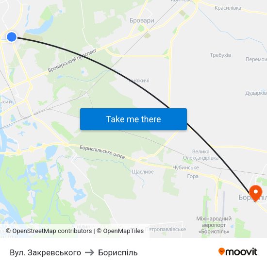 Вул. Закревського to Бориспіль map
