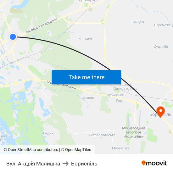 Вул. Андрія Малишка to Бориспіль map