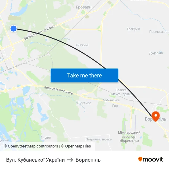 Вул. Кубанської України to Бориспіль map