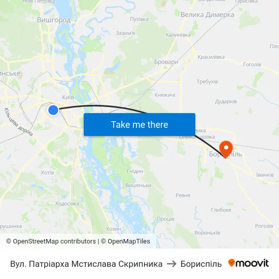 Вул. Патріарха Мстислава Скрипника to Бориспіль map