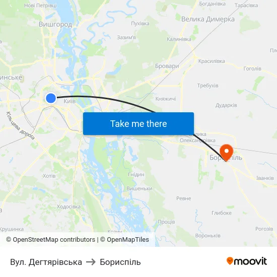 Вул. Дегтярівська to Бориспіль map