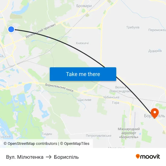 Вул. Мілютенка to Бориспіль map