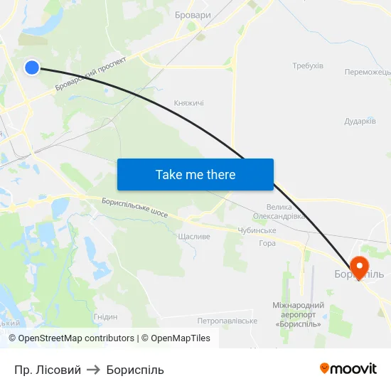 Пр. Лісовий to Бориспіль map