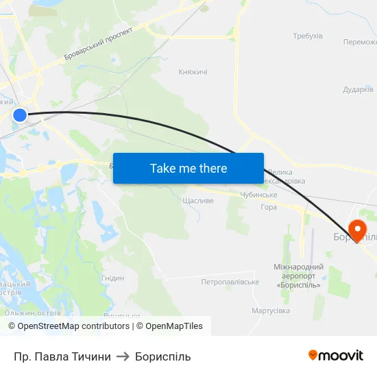 Пр. Павла Тичини to Бориспіль map