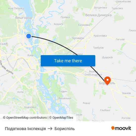Податкова Інспекція to Бориспіль map