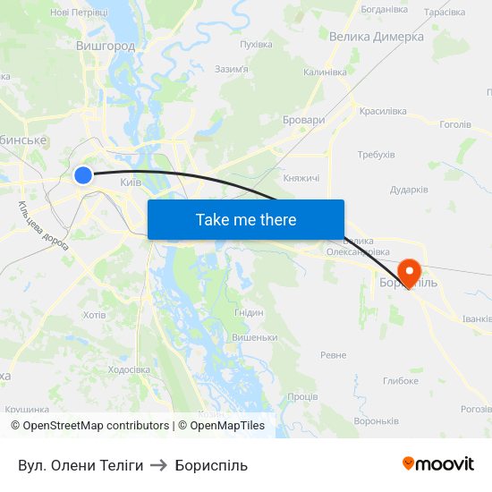 Вул. Олени Теліги to Бориспіль map