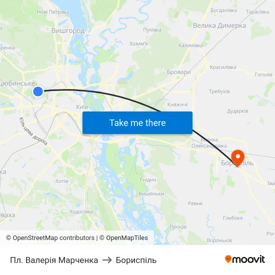 Пл. Валерія Марченка to Бориспіль map