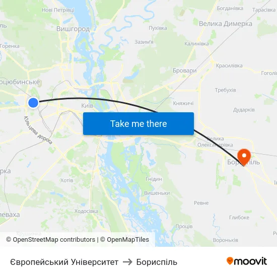 Європейський Університет to Бориспіль map