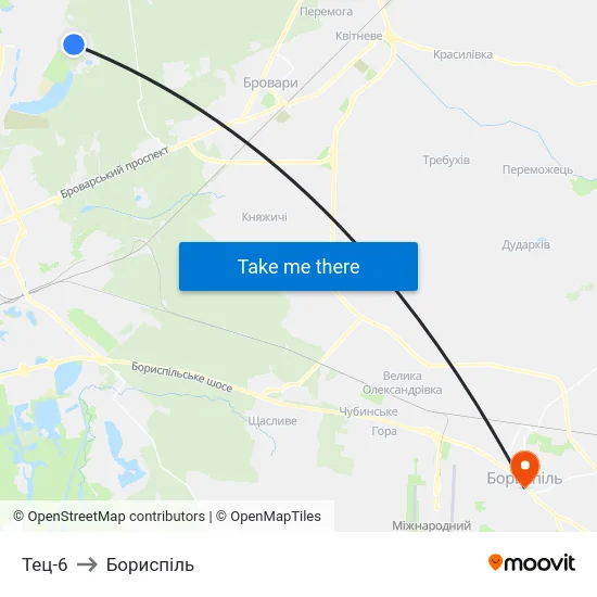Тец-6 to Бориспіль map