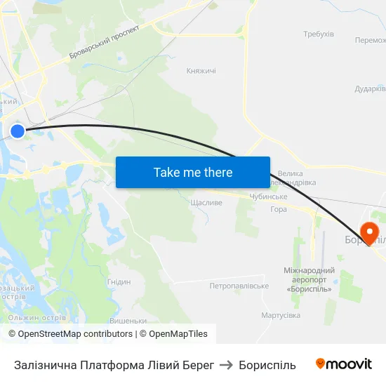 Залізнична Платформа Лівий Берег to Бориспіль map