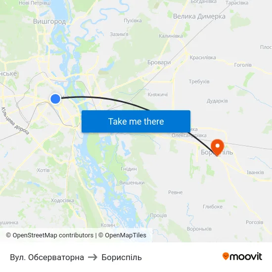 Вул. Обсерваторна to Бориспіль map