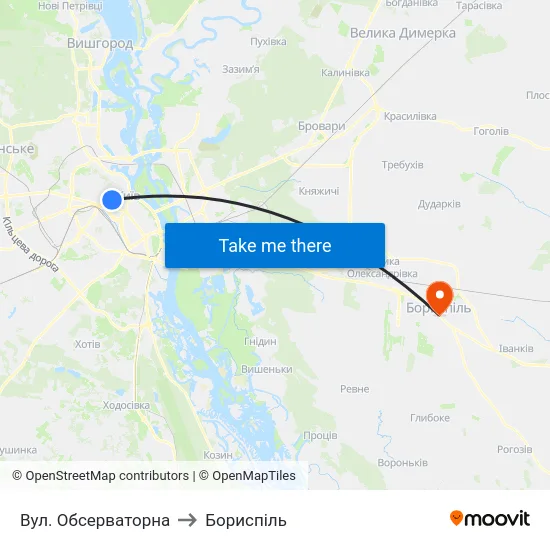 Вул. Обсерваторна to Бориспіль map