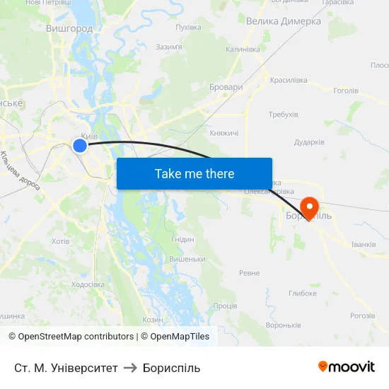 Ст. М. Університет to Бориспіль map