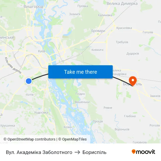 Вул. Академіка Заболотного to Бориспіль map