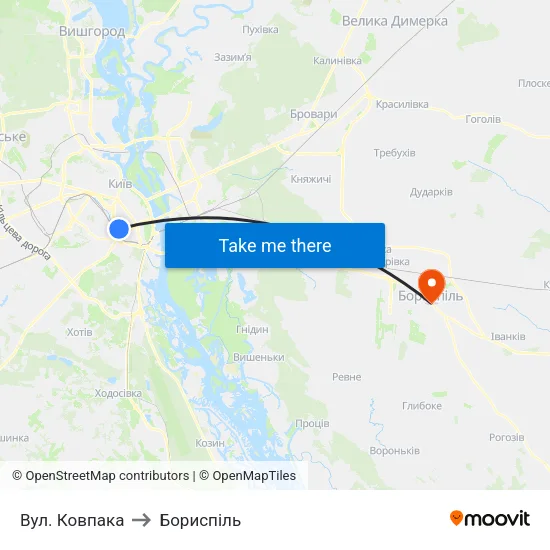 Вул. Ковпака to Бориспіль map
