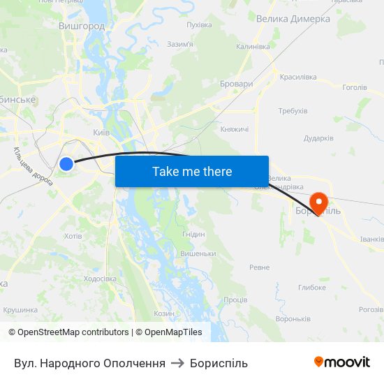 Вул. Народного Ополчення to Бориспіль map
