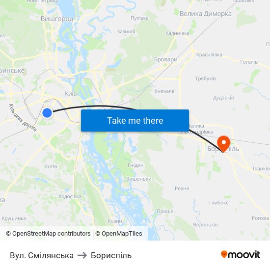 Вул. Смілянська to Бориспіль map
