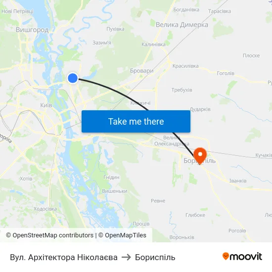 Вул. Архітектора Ніколаєва to Бориспіль map