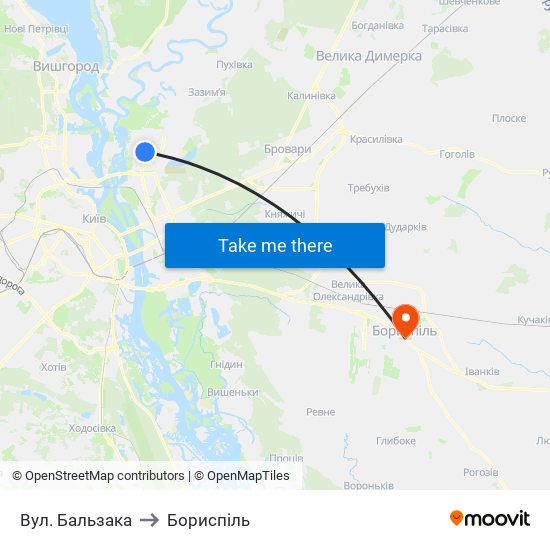 Вул. Бальзака to Бориспіль map