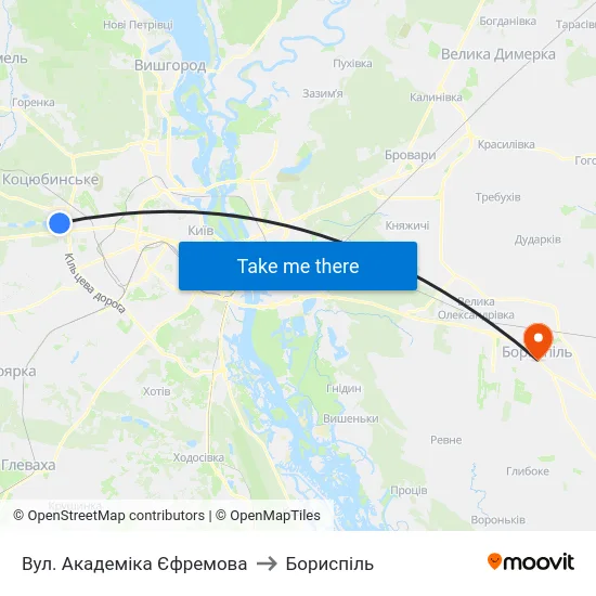 Вул. Академіка Єфремова to Бориспіль map