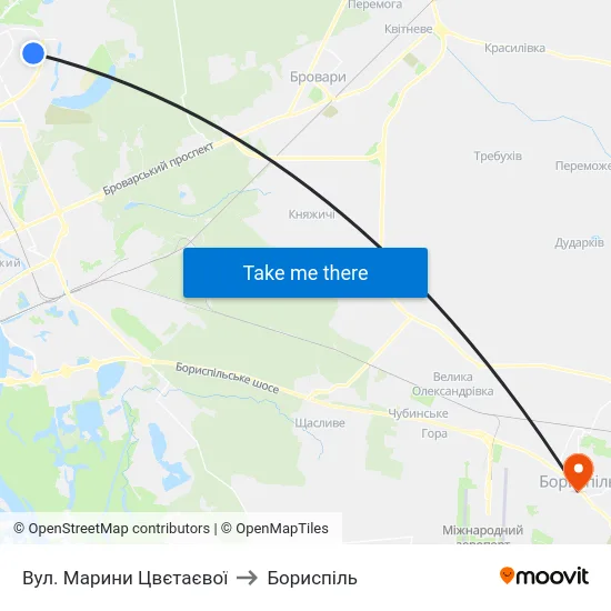 Вул. Марини Цвєтаєвої to Бориспіль map