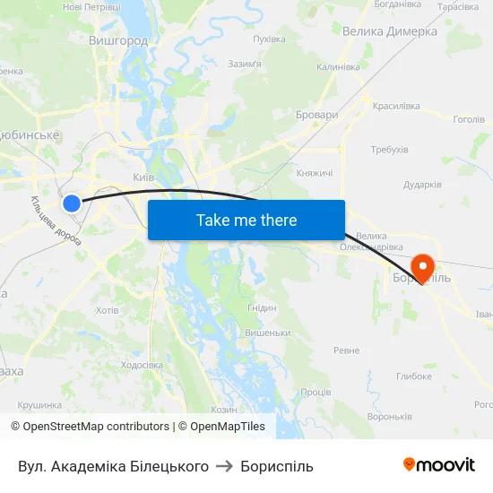 Вул. Академіка Білецького to Бориспіль map