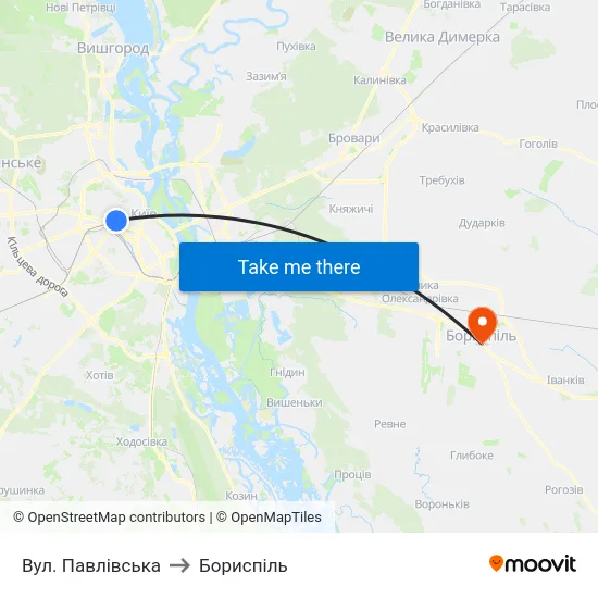 Вул. Павлівська to Бориспіль map