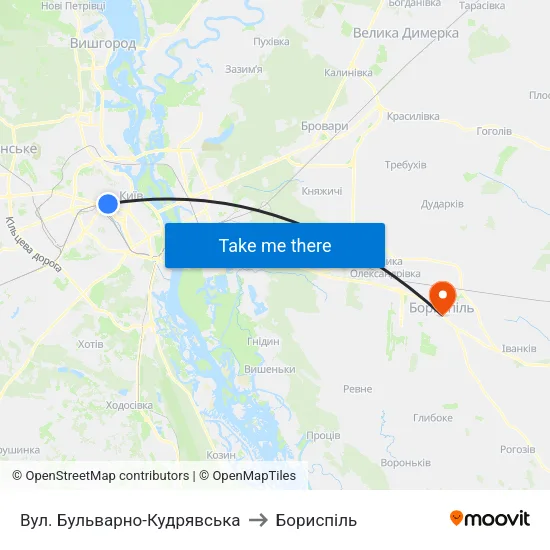 Вул. Бульварно-Кудрявська to Бориспіль map