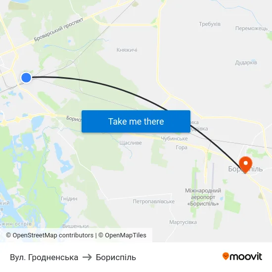 Вул. Гродненська to Бориспіль map