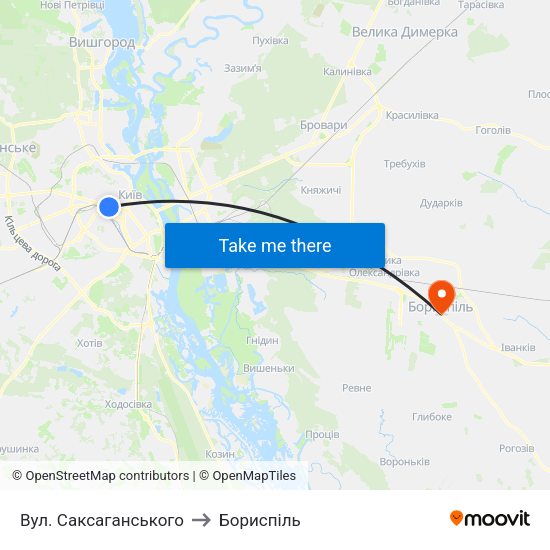 Вул. Саксаганського to Бориспіль map