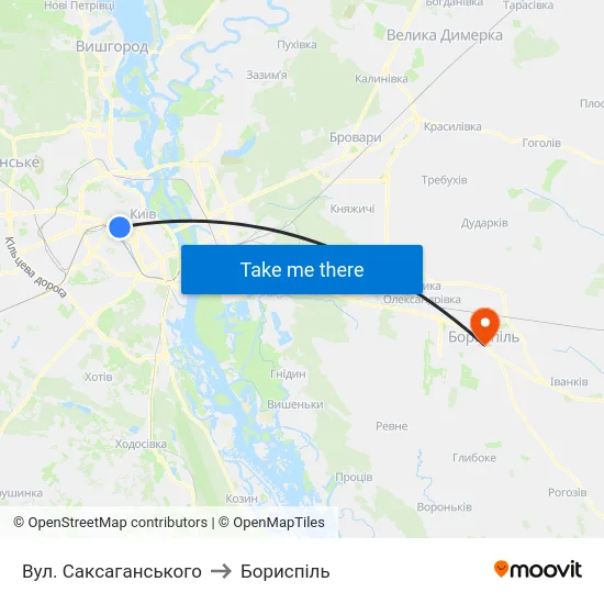Вул. Саксаганського to Бориспіль map