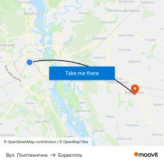 Вул. Політехнічна to Бориспіль map