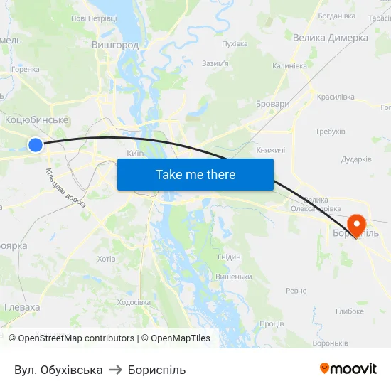 Вул. Обухівська to Бориспіль map