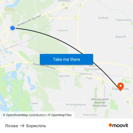 Лісова to Бориспіль map