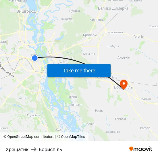 Хрещатик to Бориспіль map