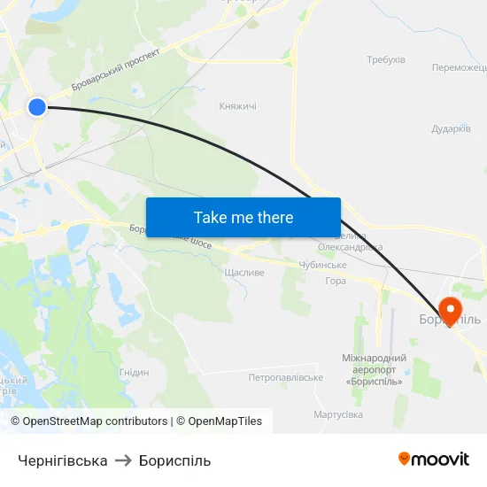Чернігівська to Бориспіль map