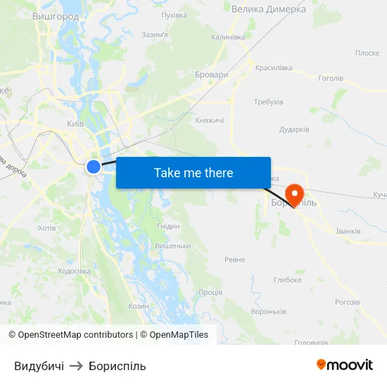 Видубичі to Бориспіль map
